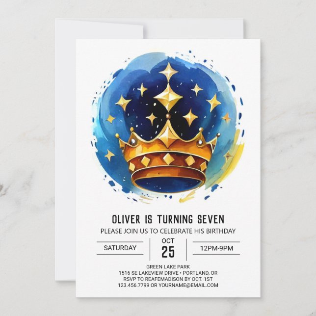 Cute Blue Prince Krona Birthday Inbjudningar (Framsida)