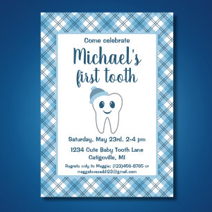 Cute Blue Pset Pojke First Tooth Party Inbjudningar