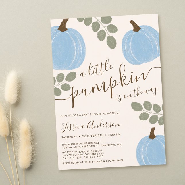 Cute Blue Pumpkin Eucalyptus Fall Boy Shower Inbjudningar (Skapare uppladdad)