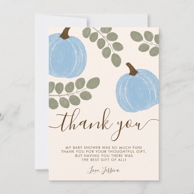 Cute Blue Pumpkin Eucalyptus Fall Boy Shower Tack Kort (Framsida)
