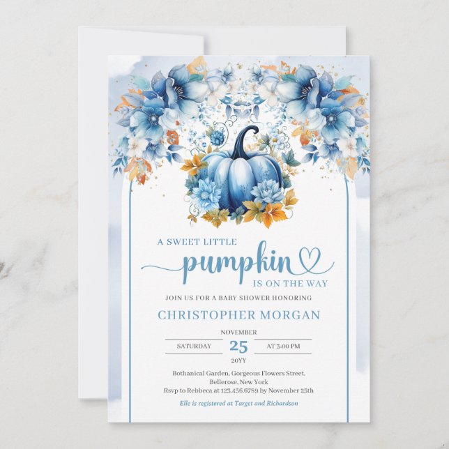 Cute blue pumpkin fall orange löv boho arch inbjudningar (Framsida)