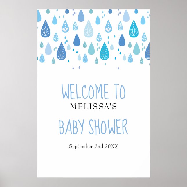 Cute Blue Raindrows Baby Shower/Sprinkle Welcome Poster (Framsidan)