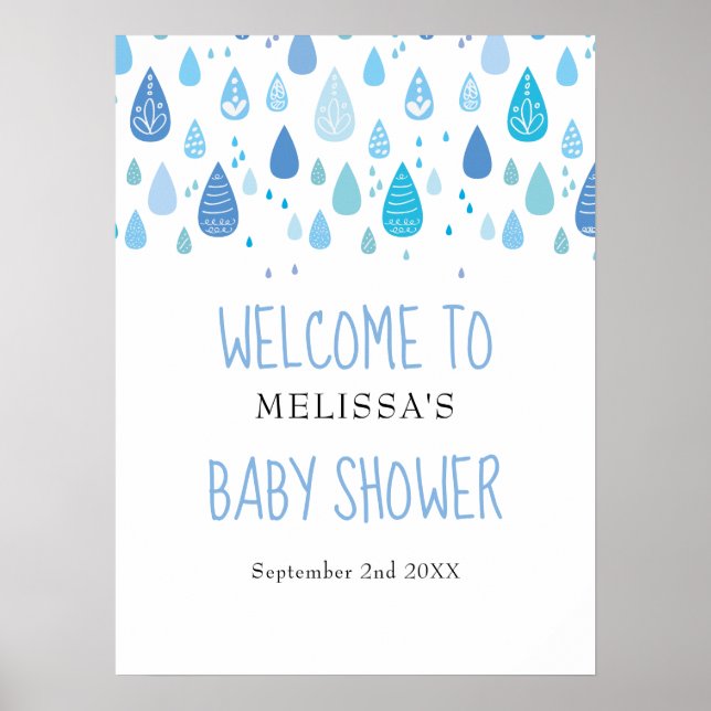 Cute Blue Raindrows Baby Shower/Sprinkle Welcome Poster (Framsidan)
