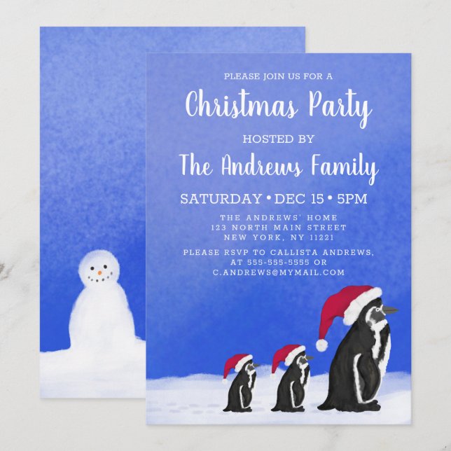 Cute Blue Red Penguin Santa Family Snowy jul Inbjudningar (Fram/baksida)