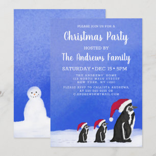 Cute Blue Red Penguin Santa Family Snowy jul Inbjudningar
