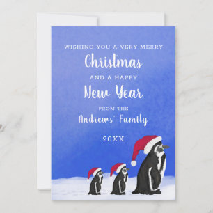 Cute Blue Red Penguin Santa Family Snowy jul Julkort