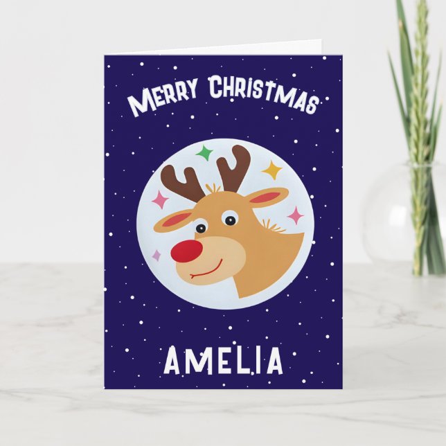 Cute Blue Reindeer Kid`s Name Merry Christmas Kort (Framsida)