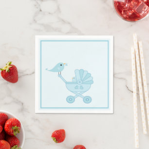Cute Blue Retro Bird Baby Carriage Boy Shower Pappersservett