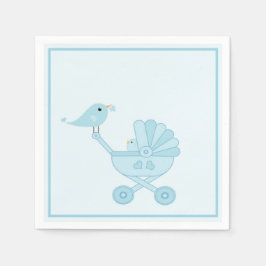 Cute Blue Retro Bird Baby Carriage Boy Shower Pappersservett