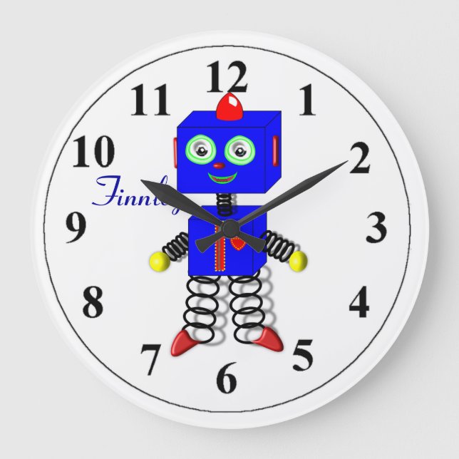 Cute Blue Robot Personlig Boys Room Clock Stor Klocka (Framsida)