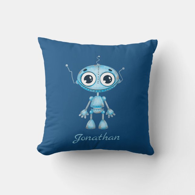 Cute Blue Robot Pojke Nursery Barn Room Kudde (Framsida)