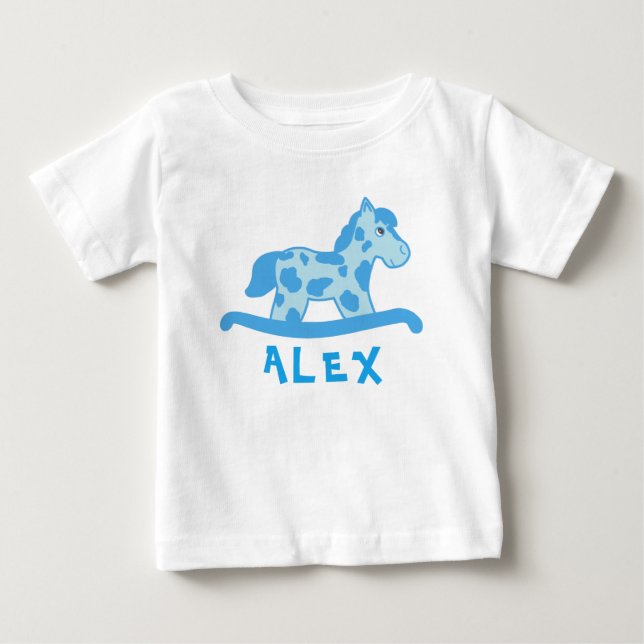 Cute Blue Rocking Horse Namn Pojke Tee (Framsida)
