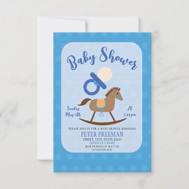 Cute Blue Rocking Horse Nappar Boy Shower Inbjudningar (Framsida)