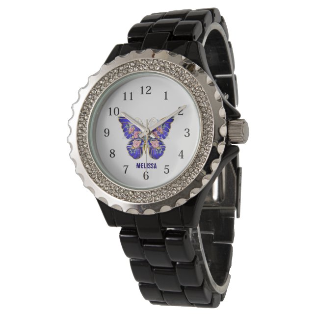 Cute Blue Rosa Guld Butterfly Blommigt Namn Armbandsur (Vinklad)