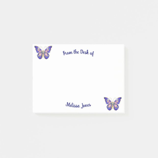 Cute Blue Rosa Guld Butterfly Blommigt Namn Post-it Block (Framsida)