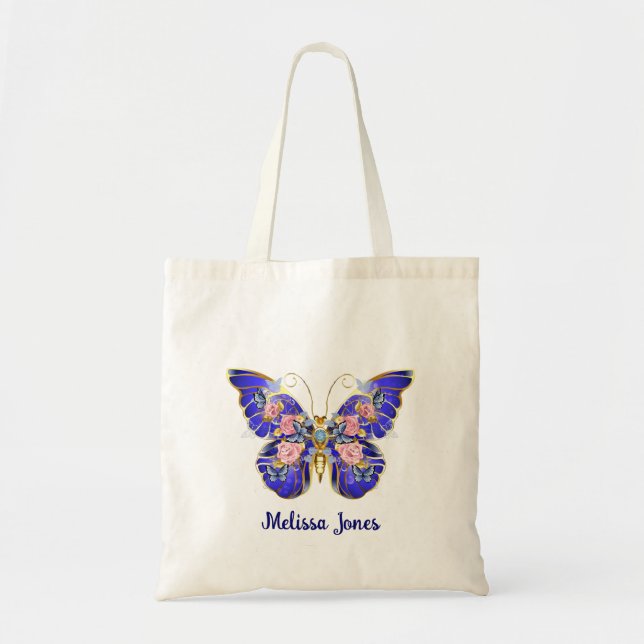 Cute Blue Rosa Guld Butterfly Blommigt Namn Tygkasse (Framsidan)