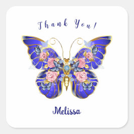 Cute Blue Rosa Guld Butterfly Blommigt Tack Fyrkantigt Klistermärke