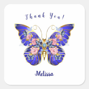 Cute Blue Rosa Guld Butterfly Blommigt Tack Fyrkantigt Klistermärke