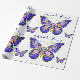 Cute Blue Rosa Guld Butterfly Blommigt Tack Presentpapper