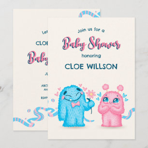 Cute Blue rosa Monster-genderna avslöjar babydusch Inbjudningar