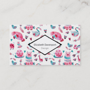 Cute Blue & Rosa Watercolor Animal Mönster Visitkort