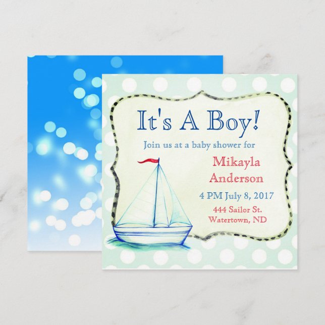 Cute Blue Sailboat Nautical Baby Shower Inbjudningar (Fram/baksida)