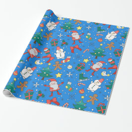 Cute Blue Santa and Friends Wrapping Papper Presentpapper