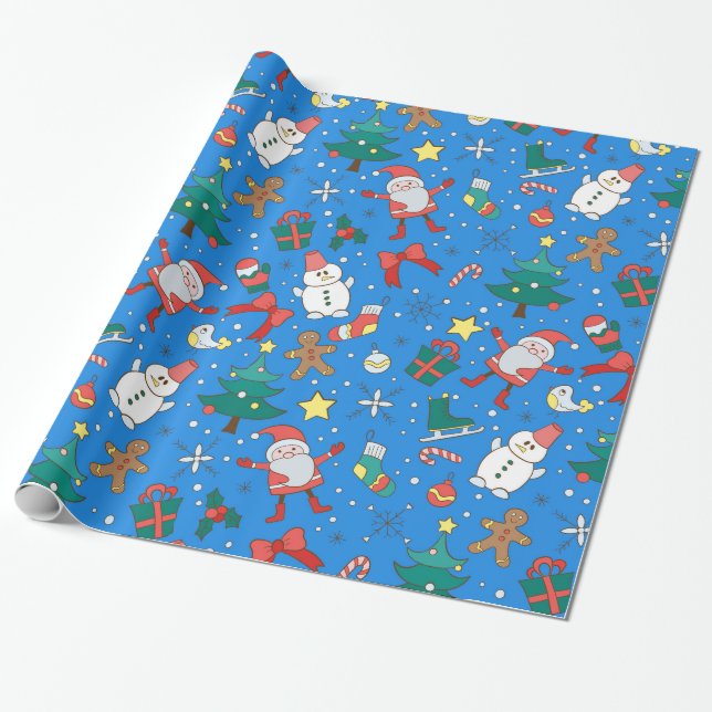 Cute Blue Santa and Friends Wrapping Papper Presentpapper (Utrullad)