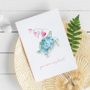 Cute Blue Sea Turtle Hearts Watercolor Kort