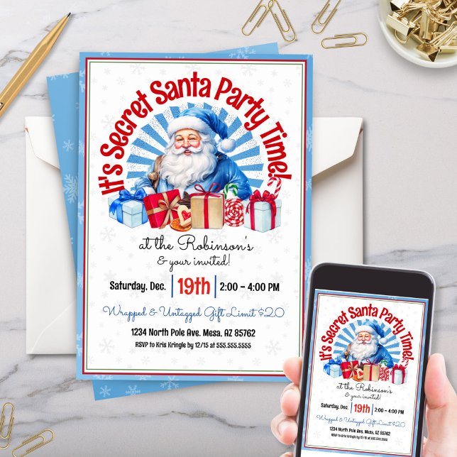 Cute Blue Secret Santa Party-inbjudan Inbjudningar (Blue Christmas secret santa party invitations for holiday party or gift exchange white elephant)