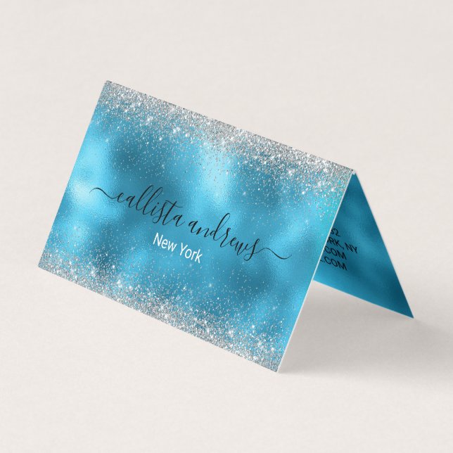 Cute Blue silver faux glitter Visitkort (Framsida)