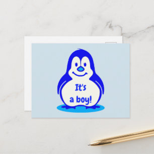 Cute Blue Smiling Penguin Det är en Gender. Meddelande Vykort
