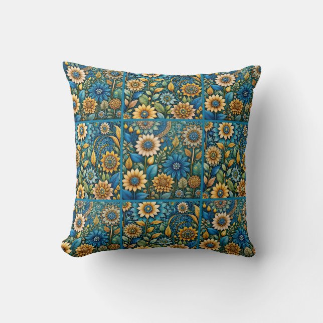 Cute Blue Solros Garden Quilt Mönster Kudde (Framsida)