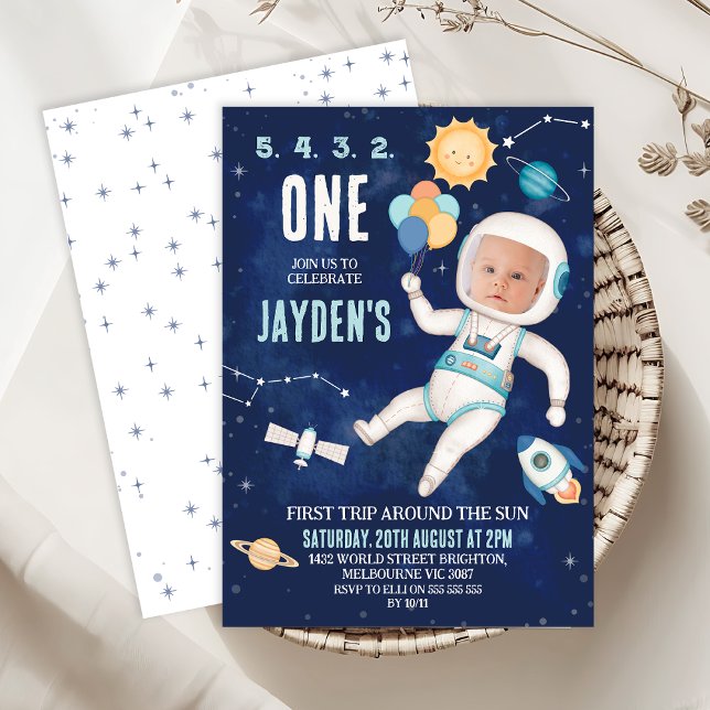Cute Blue Space Första Resa runt Sol 1:a födelseda Inbjudningar (First Trip Around The Sun 1st Birthday Invitation, Outer Space First Birthday Invitation Template, )