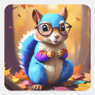 Cute Blue Squirrel Wearing Glasses-46506 Fyrkantigt Klistermärke
