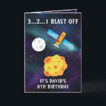 Cute Blue Starry Space Satellite 8:e födelsedagen Kort<br><div class="desc">Cute Blue Starry Space Satellite 8th Birthday, en fin och unik design som är gjord för alla som tittar för ett barnsons 8-födelsedagskort, son 8-årsdagskort eller 8-årsdagarskort, den här är avsedd för dig. Utformningen har en söt satellitgrafik i rymden, något roligt och coola för ett litet barn. Utformningen är anpassadet...</div>