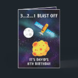 Cute Blue Starry Space Satellite 8:e födelsedagen Kort<br><div class="desc">Cute Blue Starry Space Satellite 8th Birthday, en fin och unik design som är gjord för alla som tittar för ett barnsons 8-födelsedagskort, son 8-årsdagskort eller 8-årsdagarskort, den här är avsedd för dig. Utformningen har en söt satellitgrafik i rymden, något roligt och coola för ett litet barn. Utformningen är anpassadet...</div>