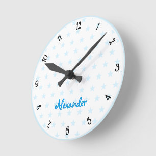 Cute Blue Stars eget namn Boys Room Nursery Rund Klocka