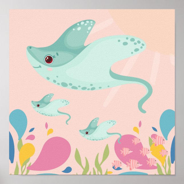 Cute blue stingray i rosa oceanscen. poster (Framsidan)