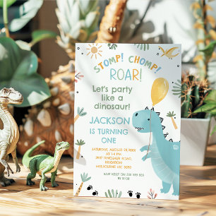 Cute Blue Stomp Chomp Party Dinosaur 1:a födelseda Inbjudningar