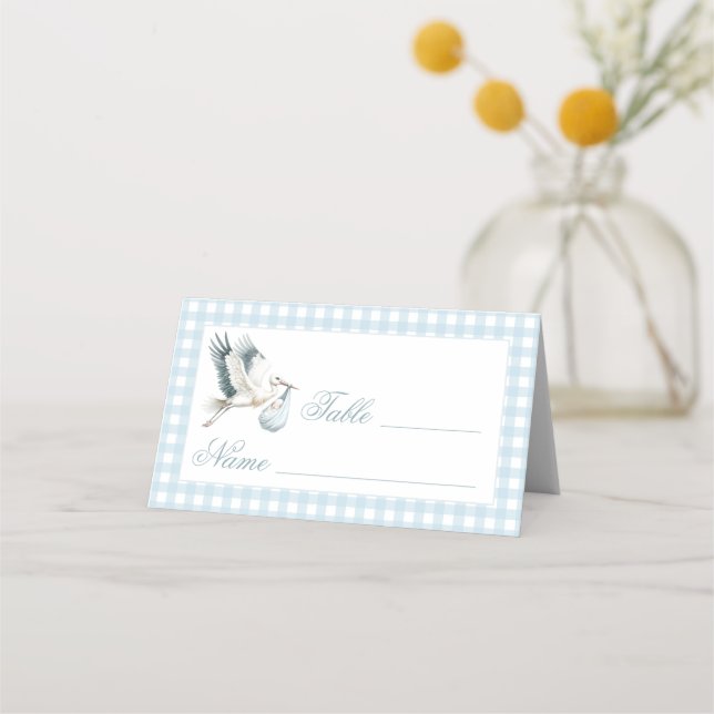 Cute Blue Stork Baby Shower Bordsnumren Tält Placeringskort (Framsida)