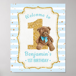 Cute Blue Strips Nalle 1:a födelsedagen Poster
