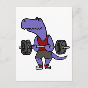 Cute Blue T-rex Dinosaur Weightlifter Vykort