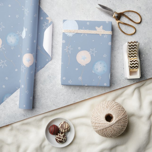 Cute Blue Taupe Balloons Stars Party Gift Presentpapper (Hantverk)