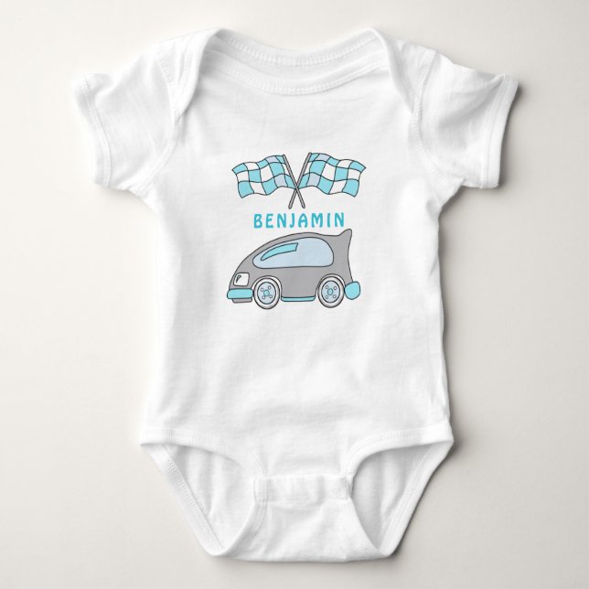 Cute Blue Tävling Car Flagga Namn T Shirt (Framsida)