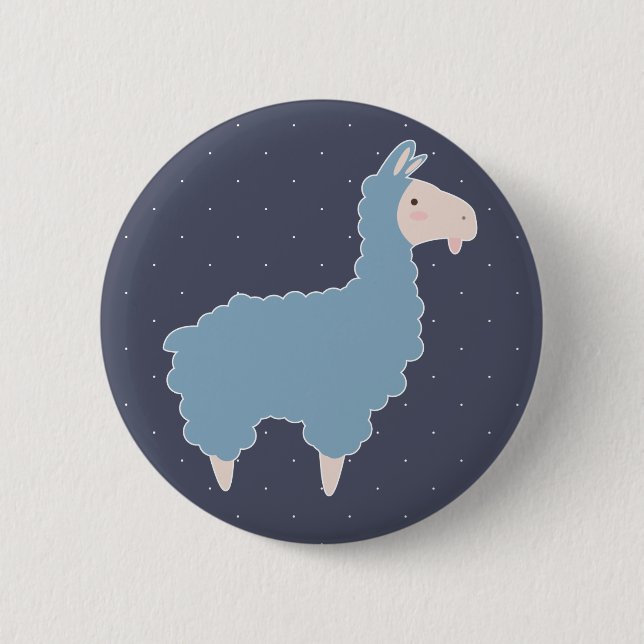 Cute Blue Tecknad Llama & White Dots Knapp (Framsida)