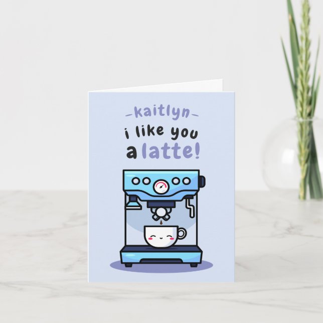 Cute Blue Tecknad Tekopp Latte Pun Valentine Day Kort (Framsida)