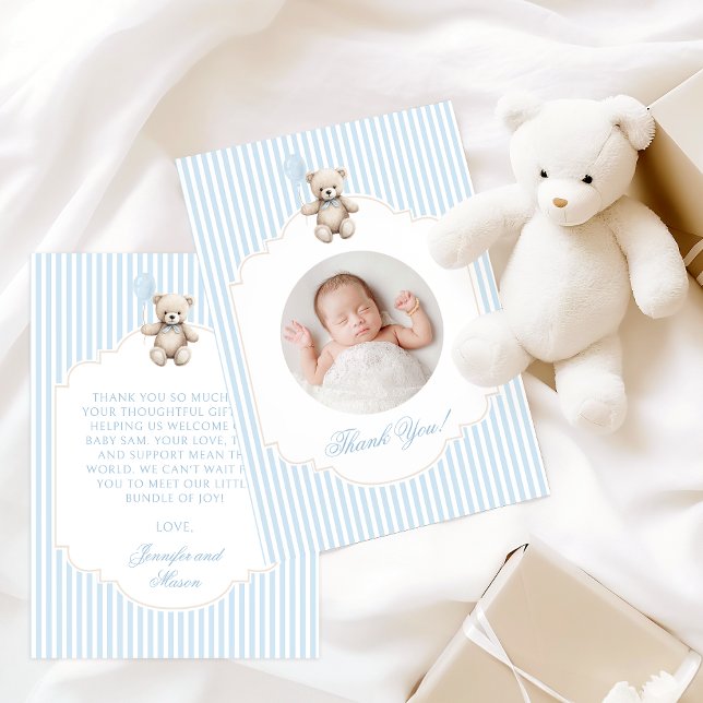Cute Blue Teddy Bear Baby Boy Shower Photo Tack Kort (Skapare uppladdad)