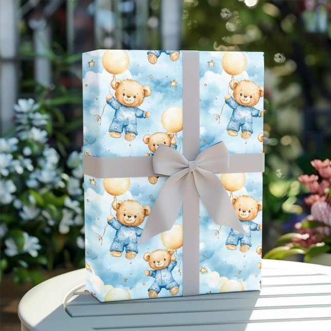 Cute Blue Teddy Bear Baby Boy Shower Presentpapper (Skapare uppladdad)