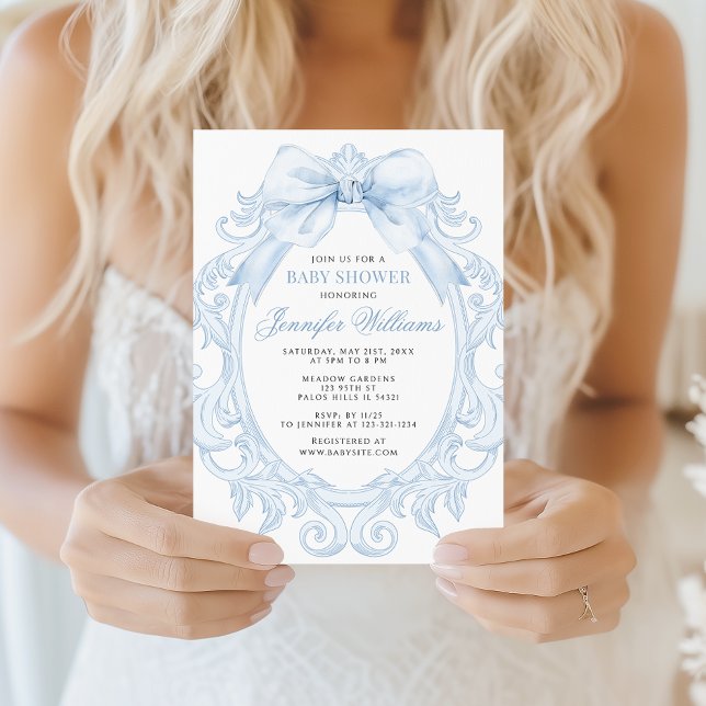 Cute Blue Toile Frame Bow Baby Boy Shower Inbjudningar (Skapare uppladdad)